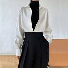 Women's Elegant Blouse 2021 Spring Deep V-neck Office Ladies Black White Shirt Female Loose Long Sleeve Solid Blouse for Women 2024 - buy cheap