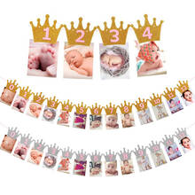 12 Months Crown Birthday Banner With Photo Clip 1st Birthday Party Decor Kid Babyshower One Year Bunting Garland First Birthday 2024 - buy cheap