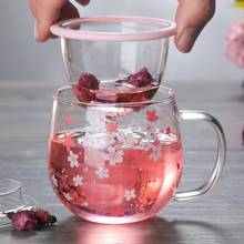 Taza de vidrio japonesa de 300ml con filtro de Infusor de té y tapa, flor de cerezo, taza transparente resistente al calor, vasos para beber 2024 - compra barato