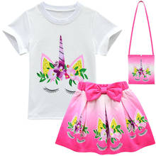 Летние комплекты одежды для девочек с единорогом, рубашка с коротким рукавом для маленьких девочек + короткая юбка, детская одежда, детская одежда с принтом 2024 - купить недорого