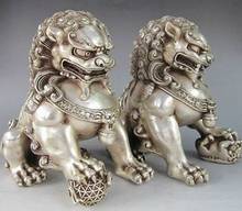 A Pair 12*12cm /14x14cm Chinese Silver охранник лев собака статуя 2024 - купить недорого
