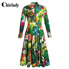 CHICLADY spring summer holiday long sleeve turn down collar high waist buttons green tropical flower printed midi dress vestidos 2024 - buy cheap