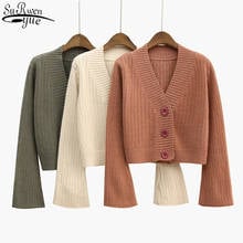 V-neck Women Knitted Sweater Cotton Korean Sweater 2022 Autumn Short Cardigan Long Sleeve Outwear Soft Office Lady Clothes 10937 2024 - buy cheap