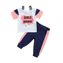 2021 camiseta estampa de letras para crianças verão meninas gola em o blusas de manga curta com alças + calças para o verão, rosa, 6 meses-4 anos 2024 - compre barato