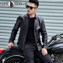 Alta qualidade novo jaqueta de motociclista masculina curta fina couro legítimo gola redonda bolsos com zíper casaco de pele de carneiro estilo coreano 2024 - compre barato