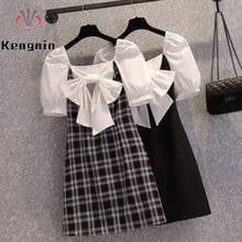 Oversized Dressed Women 2022 Summer Black Plaid Big Bow Ladies Dresses Vestidos Patchwork Cute Female Robe Dress KE1150 2024 - buy cheap