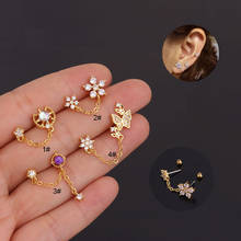 1 PCS Cute Sweet Small Flower Buttefly Zircon Earring with Chain Trendy Double Ball Ears Cartilage Piercing Stud Cuff Jewelry 2024 - buy cheap