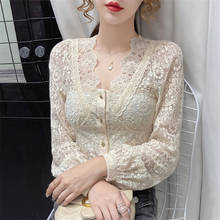 Spring Autumn Women Hollow Out Mesh Blouse Sexy Thin V-Neck Floral Embroidery Lace Shirts Female Long Sleeve Blouses Tops AB1991 2024 - buy cheap