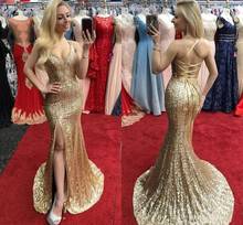 Champagne Sequined Mermaid Prom Dresses Side Split Sexy Lace Up Back Maid of Honor Dress Party Gowns 2024 - buy cheap