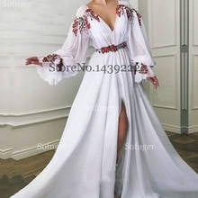 White Chiffon Flowers Evening Dresses High Slit Long  Puff Sleeves Saudi Arabic Special Occasion Evening Formal Prom 2024 - buy cheap