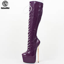 Jialuowei-Botas de tacón Ultra alto de 22CM para mujer, Metal dorado con cordones de cuero PU, plataformas alta hasta la rodilla, Sexy, para baile y motocicleta 2024 - compra barato