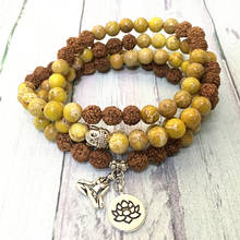 Mg0585 rudraksha 108 mala colar de yoga feminino lótus charme amarelo regalite pedra pulseira pessoal equilíbrio espiritual jóias 2024 - compre barato