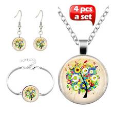 4 Pcs/Set Glass Cabochon Necklace Earrings Bangle Set Colorful Life Tree Art Picture Pendant Statement Chain For Women Jewelry 2024 - buy cheap