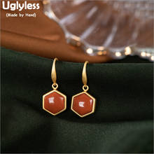 Uglyless Hexagon Geometric Earrings for Women Nature Agate Brincos Real 925 Sterling Silver Fine Jewelry Gold Plate Bijoux E1735 2024 - buy cheap
