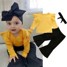 0-2Y Toddler Baby Girls Clothes Sets Autumn Winter Outfits Yellow Ruffle Tops Flare Pants Headband 3Pcs Outfits Set 2024 - buy cheap