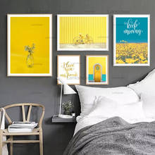 Pintura nórdica en lienzo para decoración del hogar, carteles e impresiones modernos con letras, arte de pared, paisaje amarillo, para sala de estar 2024 - compra barato