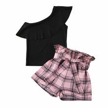 2020 модная летняя одежда для маленьких девочек милые детские топы с оборками на одно плечо, клетчатые шорты, комплект одежды, От 2 до 7 лет 2024 - купить недорого