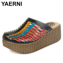 YAERNI-zapatos de tacón grueso para mujer, zapatillas con punta cerrada, hechos a mano, con plataforma de cuero genuino, 2020 2024 - compra barato