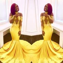 Sexy Yellow Black Girls Mermaid Prom Dresses Lace Long Sleeves Backless Satin Floor Length Formal Party Wear Evening Gowns 2024 - buy cheap