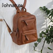 Johnature-mochila sencilla de piel auténtica para mujer, bolso de viaje de piel de vaca, de gran capacidad, Color sólido, 2021 2024 - compra barato