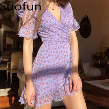 Suofun Short Sleeve V Neck Purple Ruffles Floral Temperament Sexy Wrap Chiffon Vintage 2020 New Summer Woman Mini Dresses 2024 - buy cheap