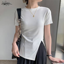 Blusa de manga corta de punto para Mujer, camisa informal de Color sólido con cuello redondo, ropa femenina, 13435 2024 - compra barato