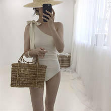 Bañador Sexy de una pieza para mujer, traje de baño liso con lazo, Monokini de realce, plisado, con almohadilla de Trikini, color blanco 2024 - compra barato