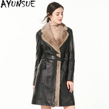 Ayunsua jaqueta de couro legítimo 2020, casaco de inverno feminino com gola de pele de vison 2024 - compre barato