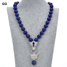 GuaiGuai Jewelry Natural 14MM Blue Smooth Round Lapis Lazuli Necklace CZ Pave Pendant 19'' For Women 2024 - buy cheap