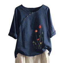 Baggy Blouse Women Casual Short Sleeve Shirt Tops Floral Print Vintage Shirt Blouses Office Lady Cotton Linen O Neck T Shirt 2024 - buy cheap