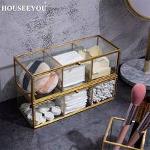 Caja de almacenamiento de joyería para cosméticos, organizador de maquillaje de bronce dorado transparente, con borde de cobre Retro, de algodón y vidrio, pintalabios, estante de baño 2024 - compra barato