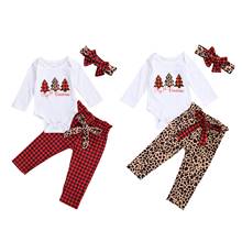 Conjunto de 3 piezas para niñas recién nacidas, traje de manga larga con árboles de Navidad, pantalones largos a cuadros/leopardo y Diadema, novedad de invierno, 2020 2024 - compra barato