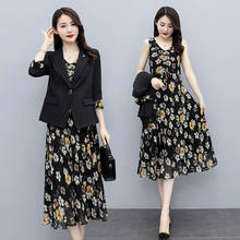 2021 Women Spring Summer Vintage Set Female V-neck Print Pleated Dress + Button Blazer 2 Piece Set Ladies Casual Loose Suit H885 2024 - buy cheap