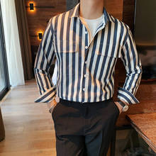 Camisas coreanas de manga larga a rayas verticales para hombre, ropa de moda con bolsillos delanteros, blusa informal ajustada para hombre 2021 2024 - compra barato