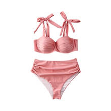 Mulher cintura alta conjunto de biquíni rosa maiô acolchoado push-up sutiã maiô 2024 - compre barato