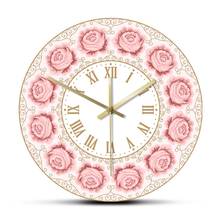 Relógio de parede vintage rosa, relógio de parede silencioso, não ticking com algarismos romanos, floral, chique, decoração de casa, luxo, para quarto de garotas 2024 - compre barato