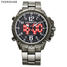 Часы наручные TIGERSHARK мужские с двойным часовым поясом, Цифровые Кварцевые водонепроницаемые, с ремешком из нержавеющей стали 2024 - купить недорого