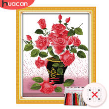 HUACAN-Kit de bordado Floral en lienzo blanco para decoración del hogar, bordado de flores en punto de cruz, regalo de rosas, 11CT 14CT 2024 - compra barato