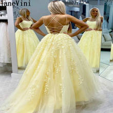 JaneVini Sexy Backless Yellow Prom Dresses Lace Appliques A Line Long Formal Evening Gowns Cross Back Tulle Puffy Party Dress 2024 - buy cheap
