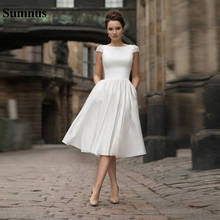 Sumnus-vestido de novia corto bohemio con manga 2020, con apliques de encaje, Sexy, blanco, sin espalda, largo hasta el té, con bolsillo 2024 - compra barato