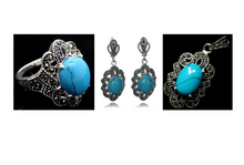 Vintage azul turquesa 925 prata esterlina marcasite anel (#7-10) pingente e brincos conjuntos 2024 - compre barato