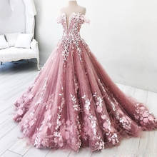 Pink Prom Dresses Ball Gown Off The Shoulder Tulle Appliques Feather Pearls Long Prom Gown Evening Dresses Robe De Soiree 2024 - buy cheap