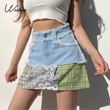 Weekeep Vintage Print Patchwork Denim Skirt Women High Waist Fashion A-Line Mini Skirts Casual Pocket Gothic Outfits Bottoms 90s 2024 - buy cheap