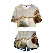 Conjunto duas peças feminino casual, vestuário esportivo para mulheres curto com camiseta e bermuda mundialmente famosa pintura de arte e calções 2024 - compre barato