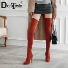 Doratasia novo plus tamanho 32-48 marca coxa botas altas rebanho apontou toe sapatos mulher sexy saltos altos sobre o joelho botas femininas