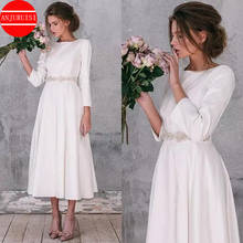 Long Sleeves Short Wedding Dress Soft Satin Simple Vestidos De Novia 2022 Robe Mariage Beaded Belt Band Tea Length Bridal Gowns 2024 - buy cheap