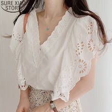 2022 Summer Elegant Korean V Neck Tops Hollow Out Blouse Women Lace Shirt New Ruffles Short Flying Sleeve Chic Clothes 13890 2024 - buy cheap