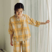 Женский пижамный комплект из 2 предметов, кимоно из 100% хлопка, одежда для сна, пижама, двухслойная газовая мягкая Домашняя одежда, клетчатая одежда для сна и отдыха 2024 - купить недорого