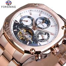 Forsining relógio mecânico masculino de marca, relógio automático com pulseira de aço data em fase lunar de ouro rosê 2024 - compre barato