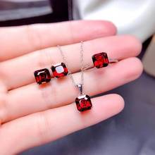 Newest style garnet gemstone ring stud earrings necklace jewelry set for women 925 silver square natural gem birthday present 2024 - buy cheap